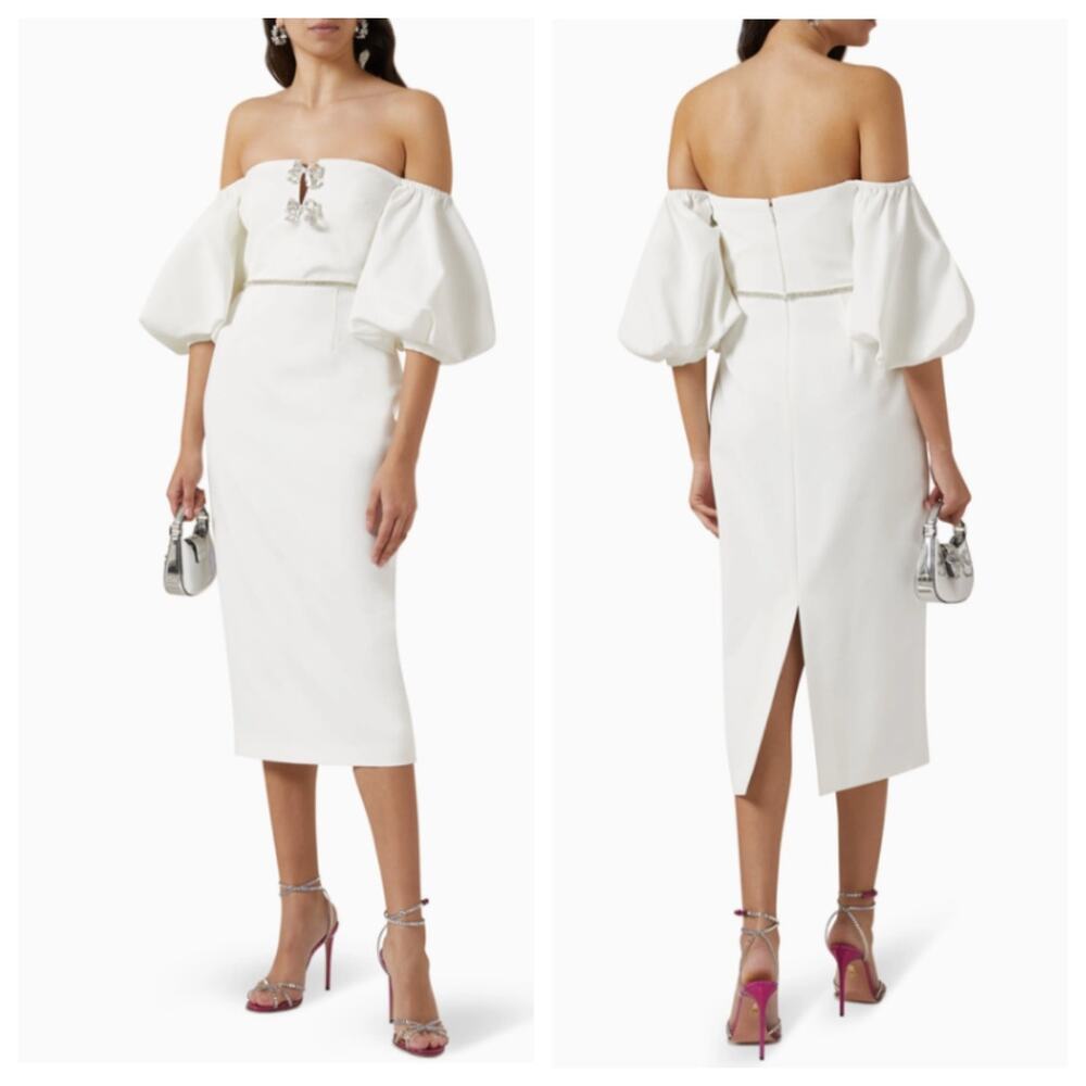 Self-Portrait White Crepe Bow Balloon Sleeve Midi Dress 6